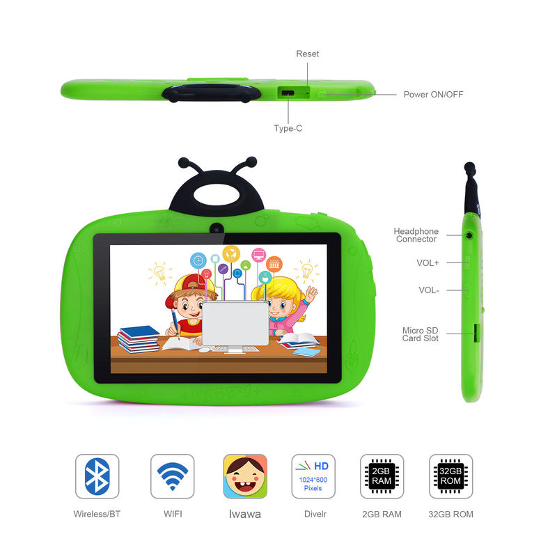 C ý tưởng Camera kép WiFi 7 Inch Tablet PC Android Trẻ em dành cho trẻ mới biết học 128GB với Case / Kids App CM75 (xanh)