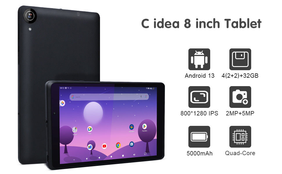 C ý tưởng thanh thiếu niên 8 Inch Tablet Android 13 với màn hình ánh sáng xanh, WiFi, 32GB + 64GB, 800 * 1280 IPS incell CM826