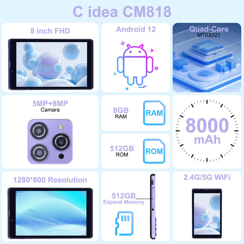 C Idea Portable 8 In Android Tablet PC 8GB RAM 512 GB Android 12 Tablet IPS HD Hiển thị Quad Core CM818-Violet
