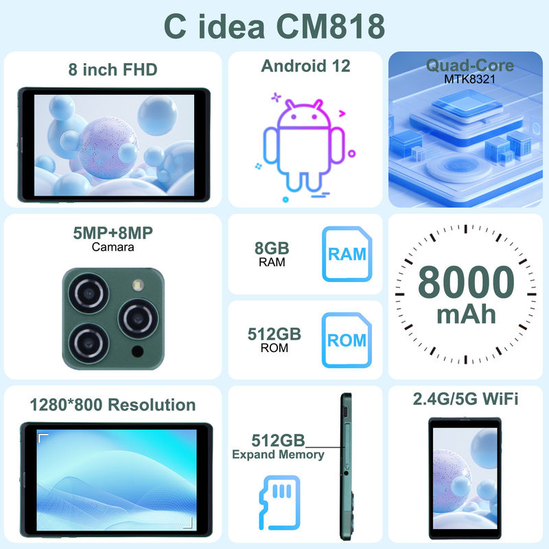 C ý tưởng 8 Inch Android Tablet PC Với Android 12 OS Quad Core CPU 8GB RAM 512GB Lưu trữ IPS HD Display CM818-Xanh