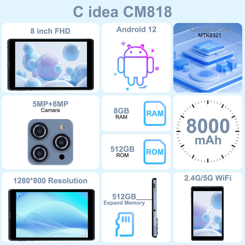 C ý tưởng Android Tablet PC Camera kép 8 inch 1280x800 IPS HD hiển thị Android 12 Tablet cho sinh viên CM818-Xám