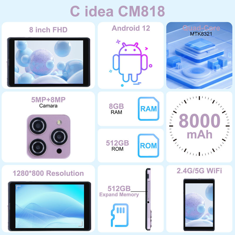C ý tưởng 8 inch Android 12 Tablet 8000mAh Pin 5 + 8MP Camera 8GB RAM 512GB ROM cho giáo dục Học tập CM818-hồng