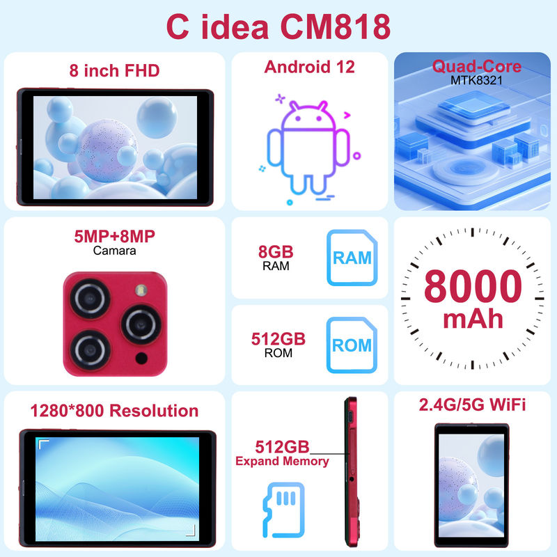 C ý tưởng 8 inch Android 12 Tablet 8GB RAM 512GB ROM 8000mAh Pin 5 + 8MP Camera cho sinh viên với SIM hỗ trợ CM818-màu đỏ