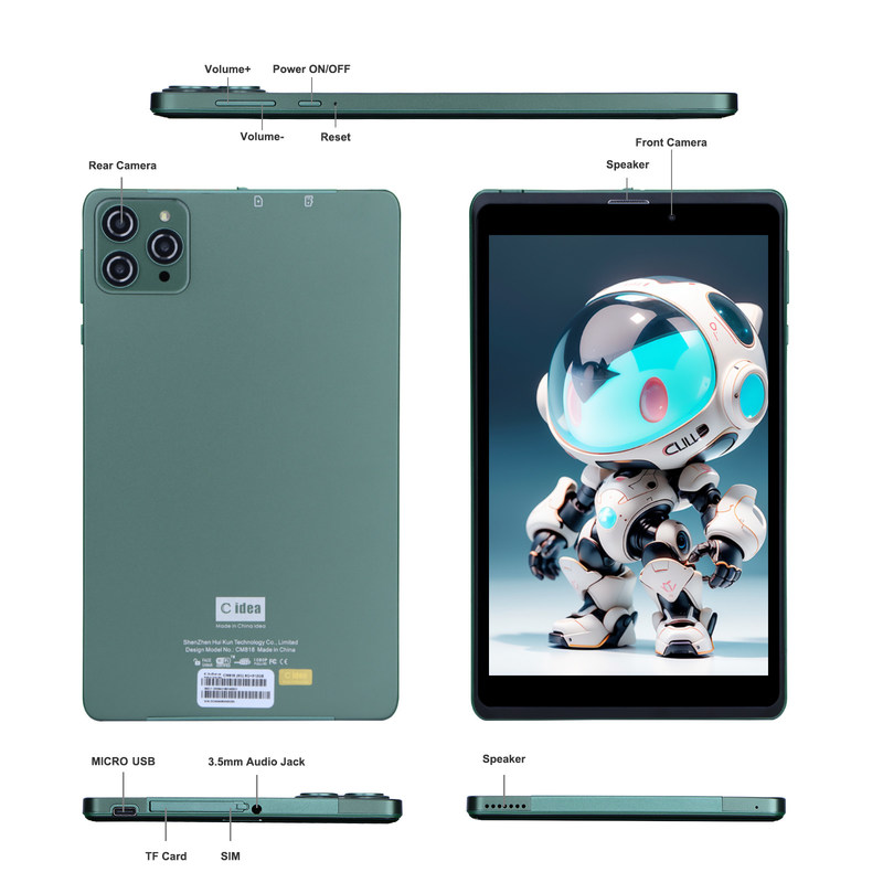 C ý tưởng Máy tính bảng Android 8 inch di động Với Android 12 Quad Core CPU 8GB RAM 512GB Lưu trữ IPS HD Display CM818-Xanh