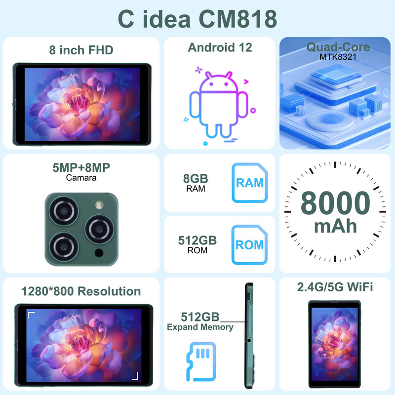 C ý tưởng Máy tính bảng Android 8 inch di động Với Android 12 Quad Core CPU 8GB RAM 512GB Lưu trữ IPS HD Display CM818-Xanh