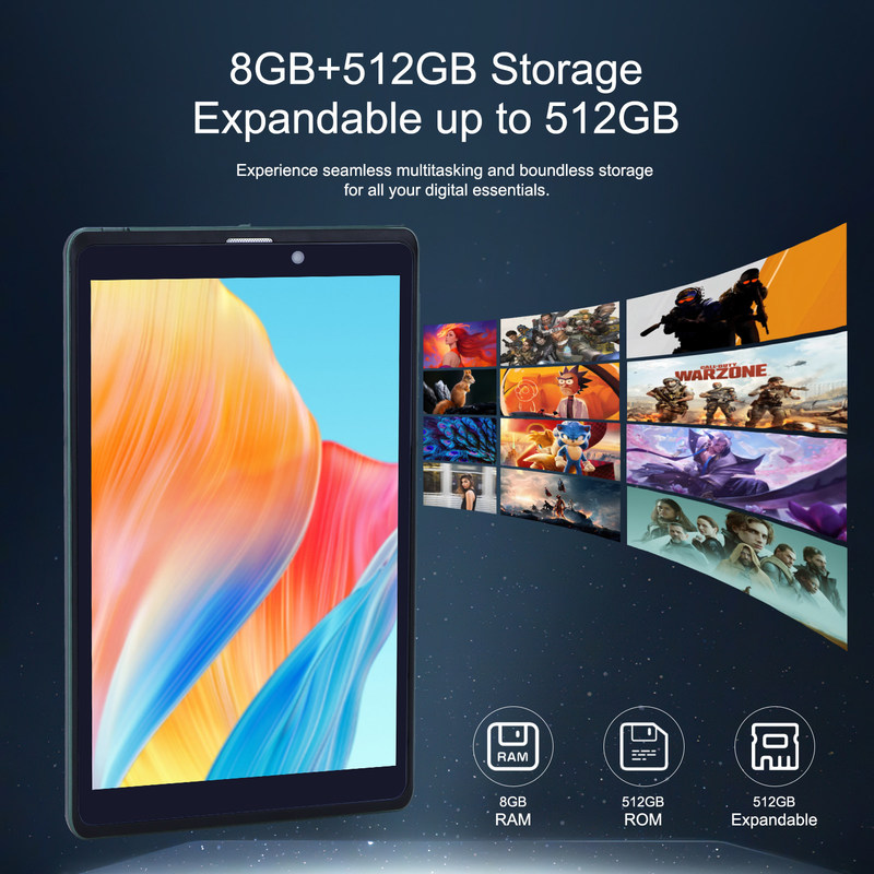 C ý tưởng Máy tính bảng Android 8 inch di động Với Android 12 Quad Core CPU 8GB RAM 512GB Lưu trữ IPS HD Display CM818-Xanh