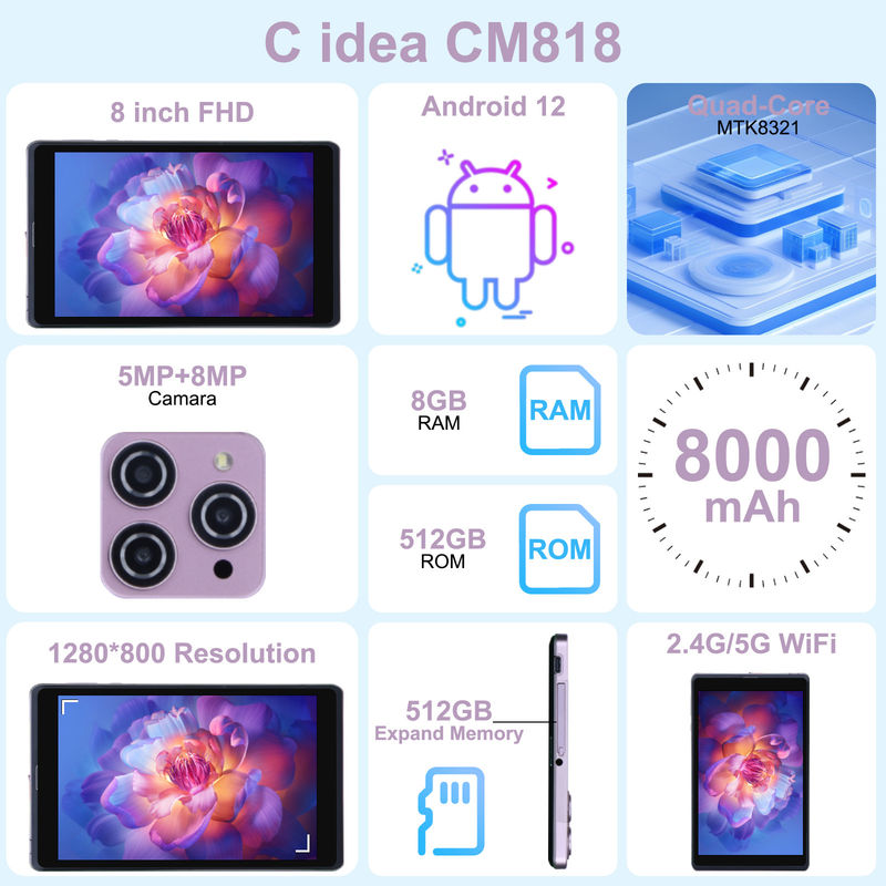 C Idea 8 Inch Android 12 Tablet 8000mAh Pin 5MP + 8MP Camera 8GB RAM 512GB ROM Cho giáo dục Học tập CM818-hồng