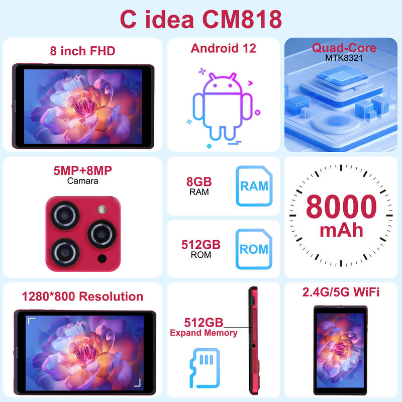 C ý tưởng 8 inch Android 12 Tablet 8GB RAM 512GB ROM 8000mAh Pin 5 + 8MP Camera cho thanh thiếu niên với hỗ trợ SIM CM818-đỏ
