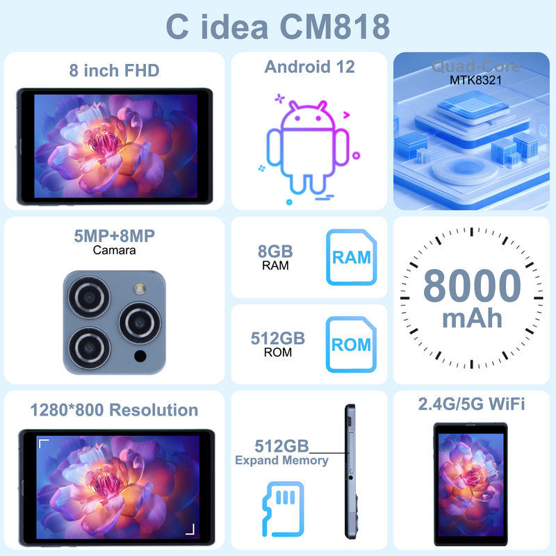 C ý tưởng Android Tablet PC Camera kép 8 inch 1280x800 IPS HD hiển thị Android 12 Tablet cho thanh thiếu niên CM818-Xám