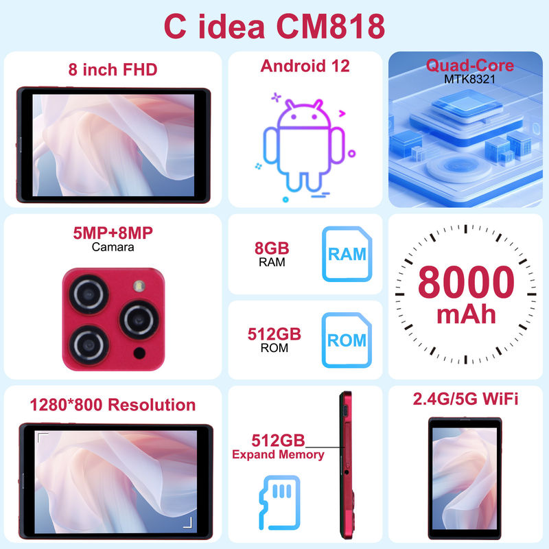 C ý tưởng 8 inch Android 12 Tablet 8GB RAM 512GB ROM 8000mAh Pin 5 + 8MP Camera cho sinh viên với SIM hỗ trợ CM818-màu đỏ