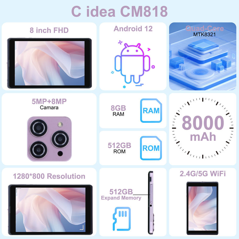 C ý tưởng 8 inch Android 12 Tablet 8000mAh Pin 5 + 8MP Camera 8GB RAM 512GB ROM cho giáo dục Học tập CM818-hồng