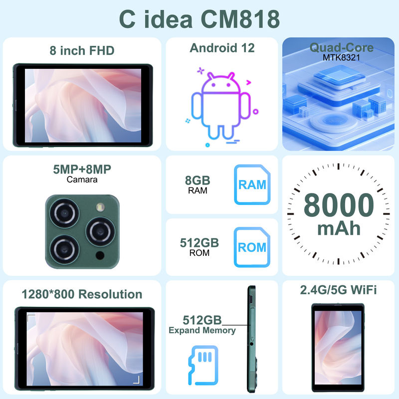 C ý tưởng 8 Inch Android Tablet PC Với Android 12 OS Quad Core CPU 8GB RAM 512GB Lưu trữ IPS HD Display CM818-Xanh