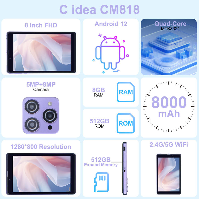 C Idea Portable 8 In Android Tablet PC 8GB RAM 512 GB Android 12 Tablet IPS HD Hiển thị Quad Core CM818-Violet