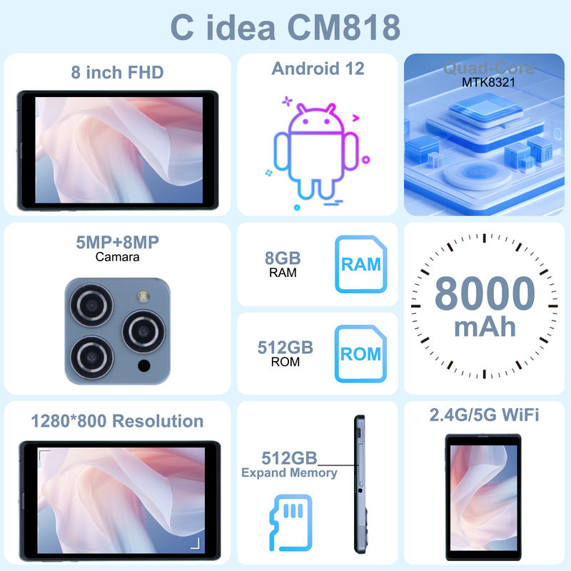 C ý tưởng Android Tablet PC Camera kép 8 inch 1280x800 IPS HD hiển thị Android 12 Tablet cho sinh viên CM818-Xám