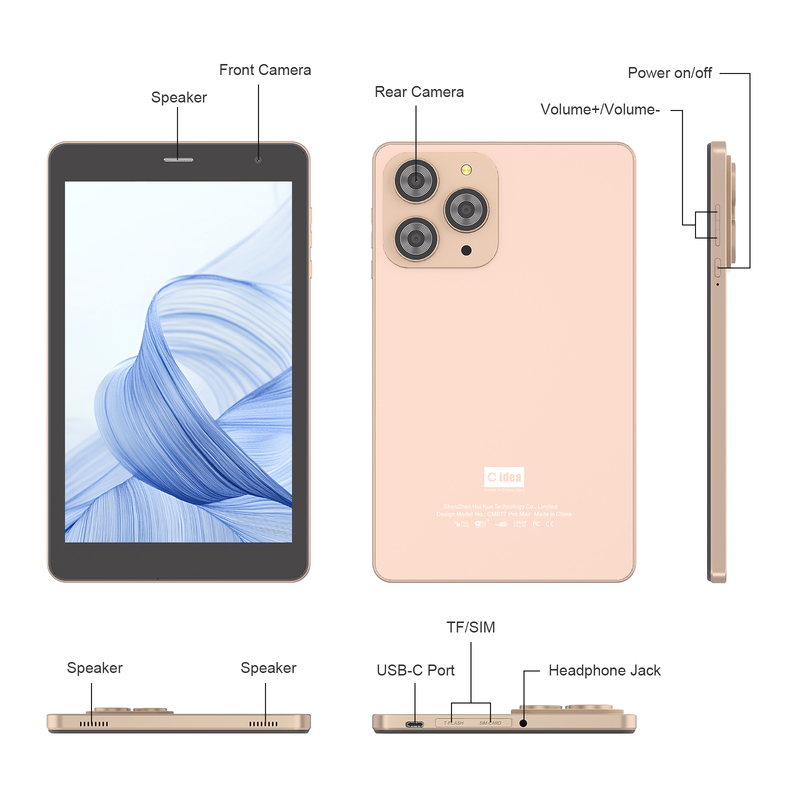 Máy tính bảng Wifi C idea 8 inch với bộ nhớ 8+512GB, bộ xử lý Quad Core, màn hình cảm ứng IPS 800x1280, màu vàng CM817 Pro