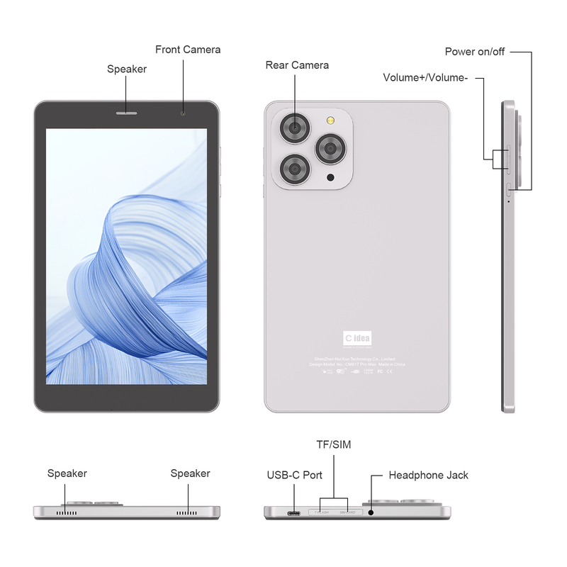 Máy tính bảng Wifi C idea 8 inch với bộ nhớ 8+512GB, bộ xử lý lõi tứ, màn hình cảm ứng IPS 800x1280, màu bạc CM817 Pro