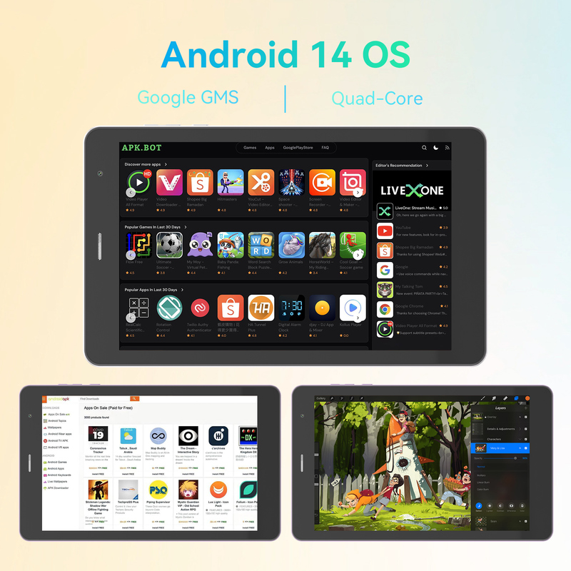 C ý tưởng thanh thiếu niên bạc 8 Inch Tablet Android 15 với khe cắm thẻ tf, WiFi, 8GB + 512GB, 800 * 1280 IPS incell CM828