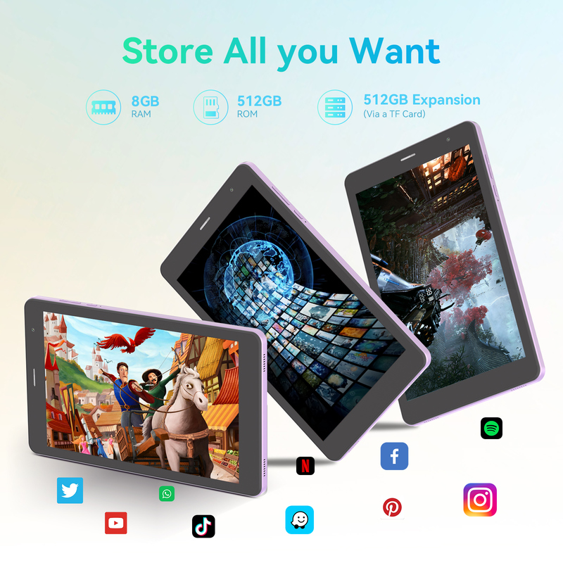 C ý tưởng thanh thiếu niên màu tím 8 Inch Tablet Android 15 với khe cắm thẻ tf, WiFi, 8GB + 512GB, 800 * 1280 IPS incell CM828